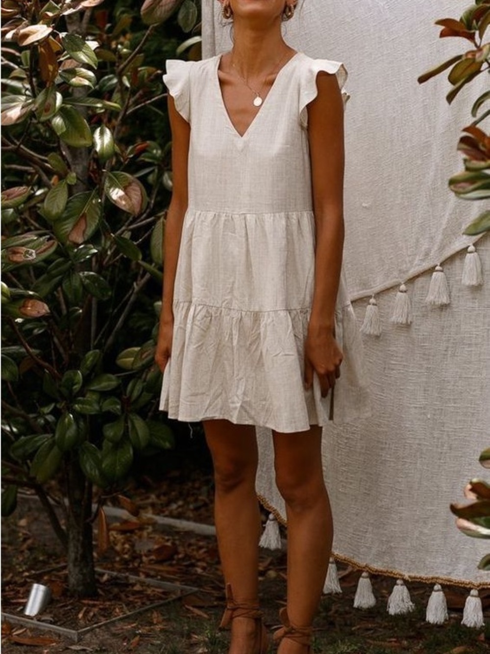 V-Neck Cream Tiered Mini Dress with Ruffle Cap Sleeves
